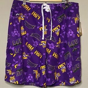 P2 By ProPlayer LSU Tigers Cargo Swim Shorts Men XL Purple Gold Floral Logo New